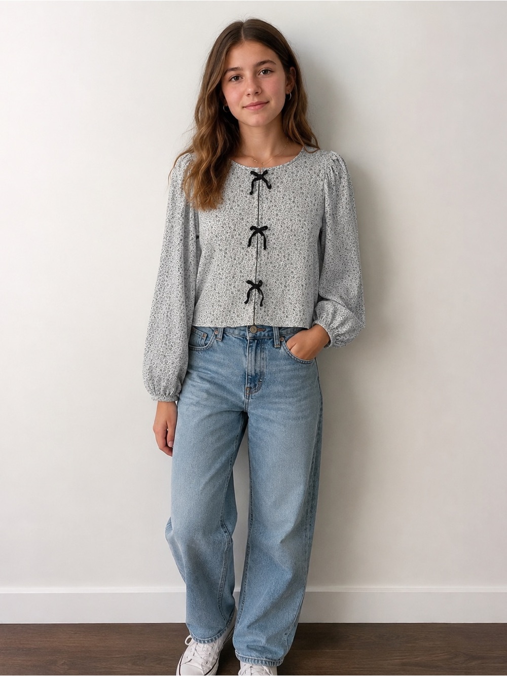 Zara Light Gray Printed Long Sleeve Top with Black Ribbon Ties
